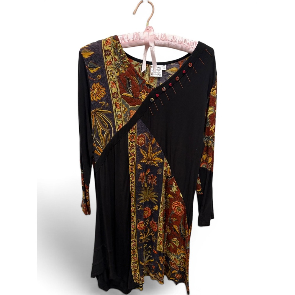 Parsley & Sage Womens M Mixed Media Artsy Floral Paisley Tunic Top Black 3/4 Slv